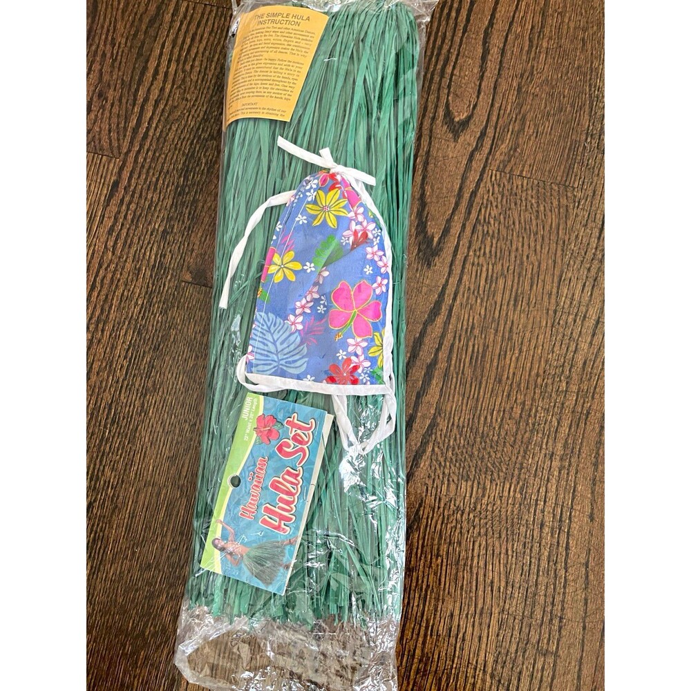 Hawaiian Junior Hula Set Grass Skirt 22" Waist 20" Length w/ Floral Bikini Top